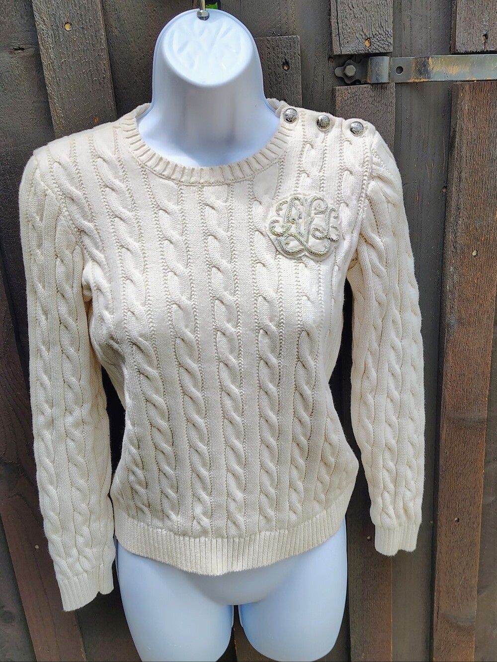 Ralph Lauren Cream Cable-Knit Crewneck Sweater with Shoulder Buttons
